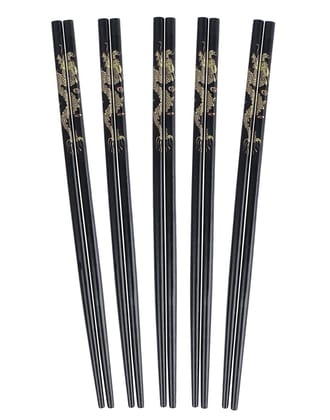 Sakoraware 5 Pairs/10 pcs Reusable Wooden Natural Bamboo Chopstick Dragon Black Print Designer, Round