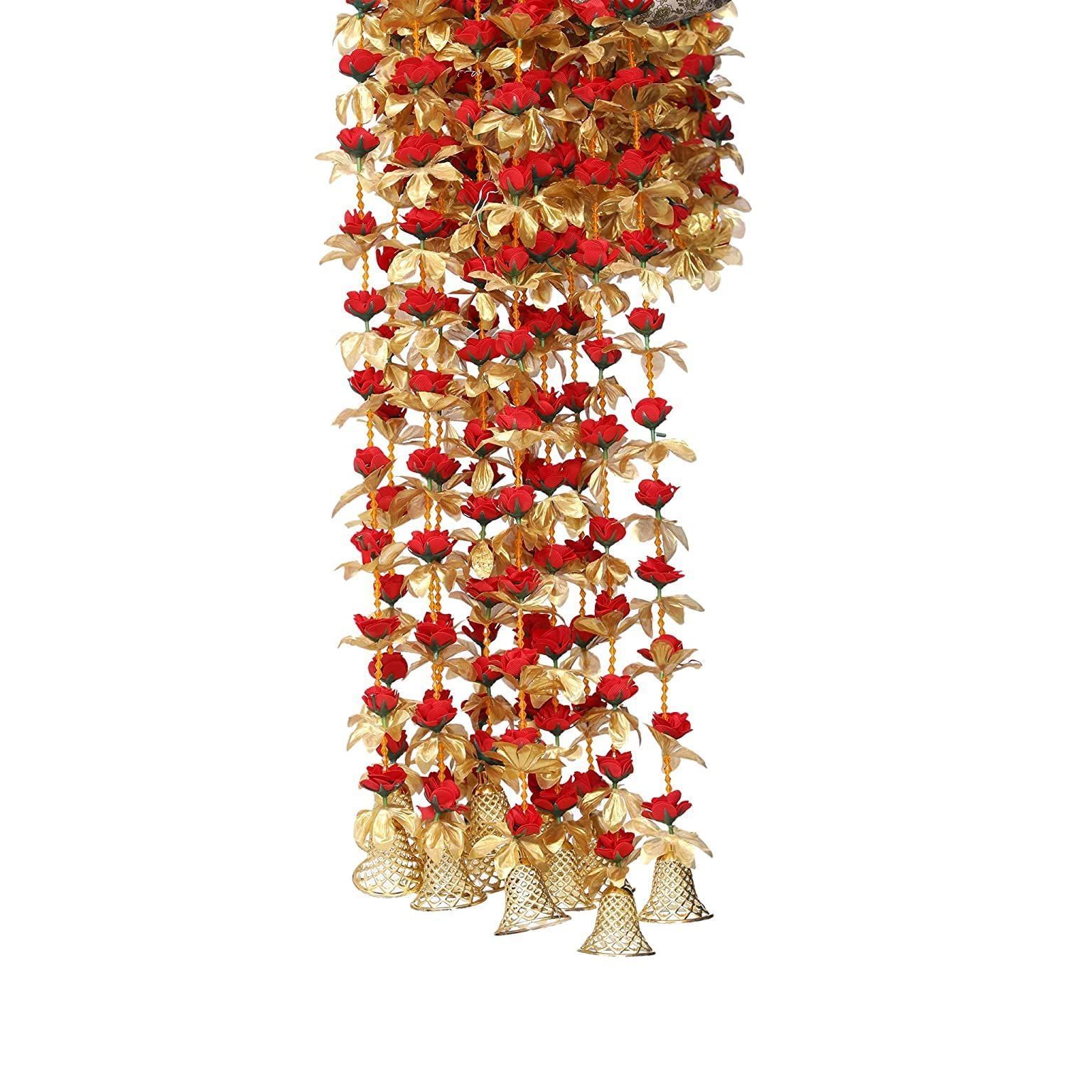 Kalakriti Artificial Flowers Garland for Decoration -155 cm/ 5 ft Long, Red Golden -Pack of 4