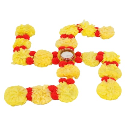Smizzy Artificial Floral Toran Garland Temple Pooja Decoration Satiya/Swastik Rangoli with Free Tealight Candle/Deepak Holder and Pompom, Home D�cor Accessories,12 inch,Yellow and Red, 1 pc