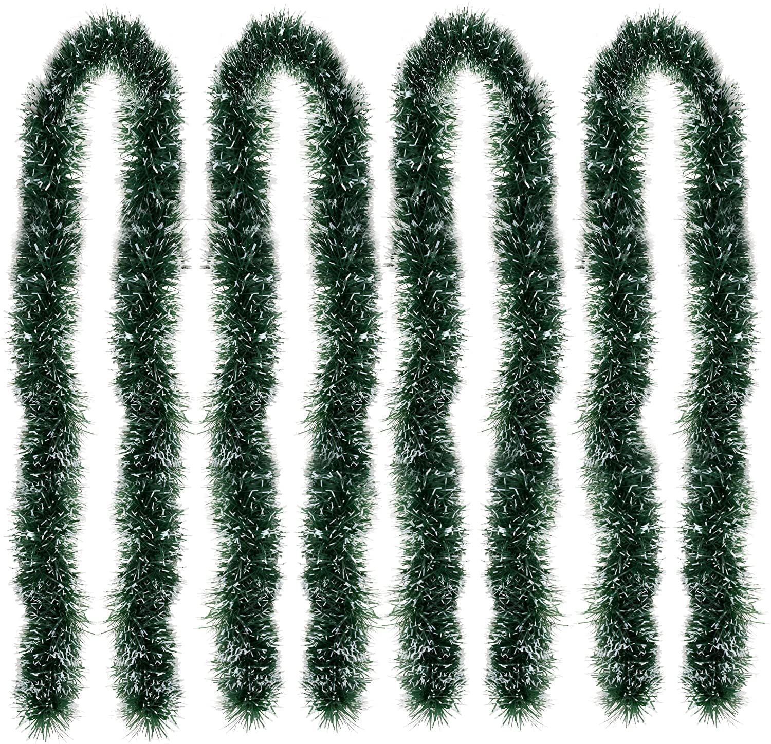 Smizzy Artificial Tinsel Garland (Pack of 4, 7 feet Each) Snow Tipped Green Heavy Christmas Strings, Ribbon for Xmas Christmas and New Year Decoration, Green and Snowy Frost