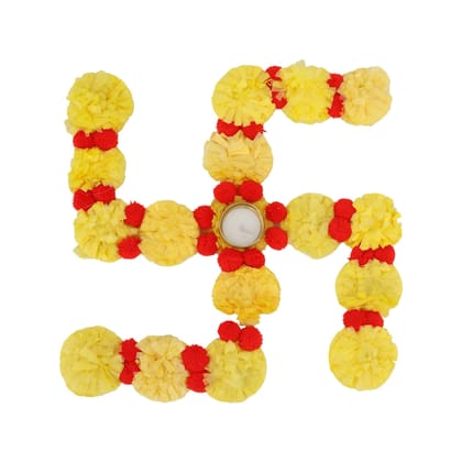 Kalakriti Artificial Floral Toran Garland Temple Pooja Decoration Satiya/swastik Rangoli with Free Tealight Candle/Deepak Holder and Pompom, Home D�cor Accessories,12 Inch,Yellow and Red, 1 Pc