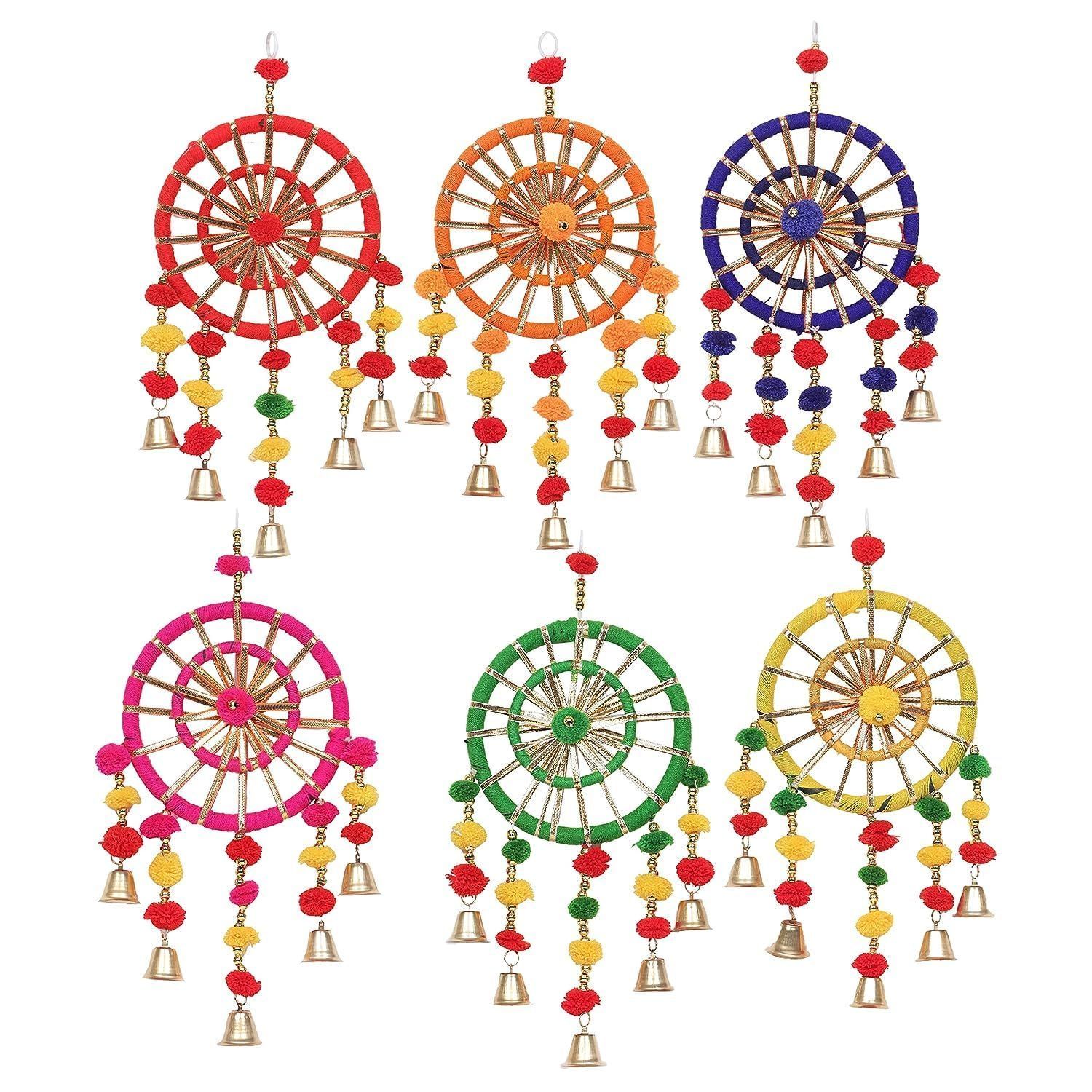 kalakriti Hangings for Decoration/Wall Hangings with Rings for Haldi Mehandi Temple Decor | Pooja Room Decoration Items | Back Dropper | showpiece for Home Decor (Pack of 6, Multicolor)