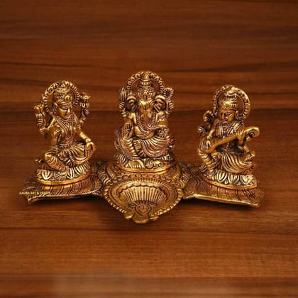 Kalakriti God Idols for Pooja| puja Room Metal Antique Ganesh laxmi Saraswati Idol Murti for Home Decor |Decorative Platter with Diya, Sitting Blessing Ganpati for Diwali Decoration Festival, Golden