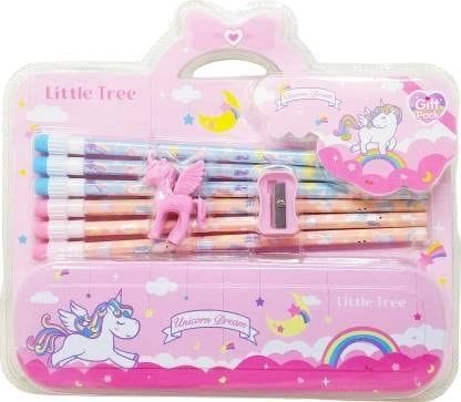 Smizzy Pencil Case Holder Stationery Giftset Unicorn Themed Stationary Combo Set Combo for School Kids Girls with Pencil Box, Sharpener, Eraser, 6 Pencils, Pink