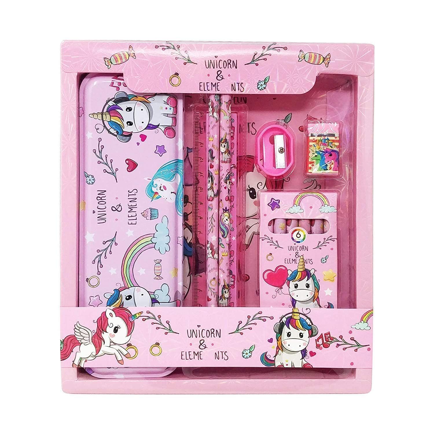 Smizzy ; (Re)Touching Lives Kid'S Unicorn 6 In 1 Stationery Combo Set With Metal Pencil Box/Pouch, Pencil, Eraser, Sharpener, Crayons And Scale For School (Pink)