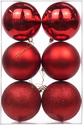 Smizzy Plastic Christmas Big Ball Ornaments (Pack of 6 with 3 Different Patterns) Tree Balls with Hanging Loop for Xmas Tree Holiday Wedding Party Decor (7 cm Diameter Each, Red)