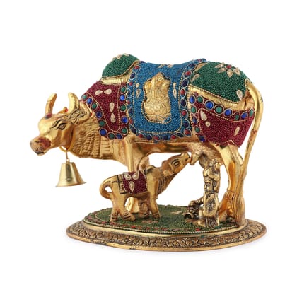 Kalakriti Handicraft Big Metal Kamdhenu Cow and Calf Statue | Brass Idols for Pooja | Decorative Items for Home | Showpiece with Krishna (24x20x17 cm, 1 kg Weight) Multicolor