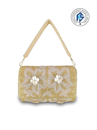 FHS Fancy Party Wear Sequins Embroidery Work Clutch Bag Golden Colour