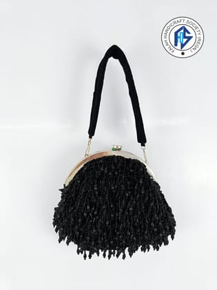 FHS Party Style Half Frame Black Crystal Work Velvet Clutch Bag