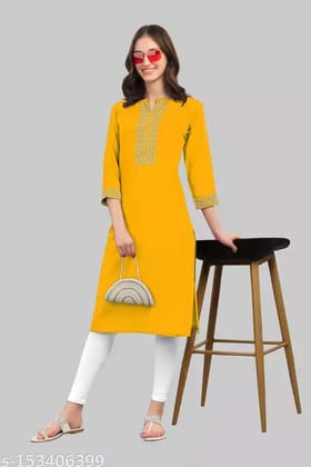 Women Rayon A-line Embroidered Kurti (Yellow)