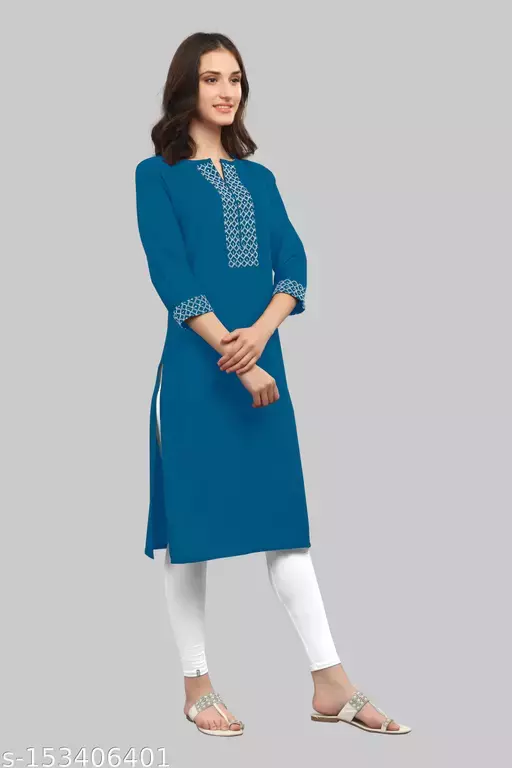 Women Rayon A-line Embroidered Kurti (Blue)