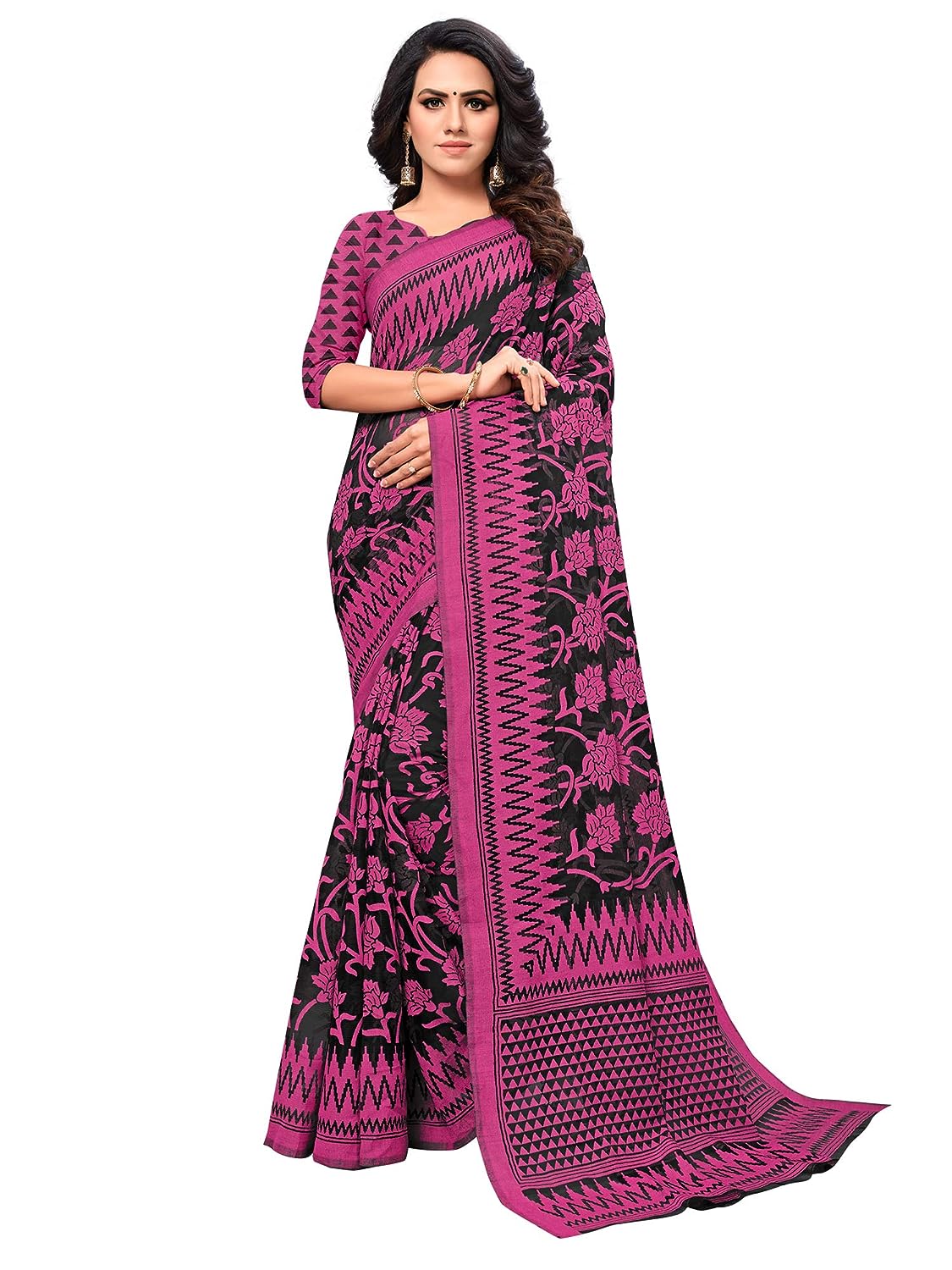 AKHILAM Women's Brasso Saree with Blouse Piece