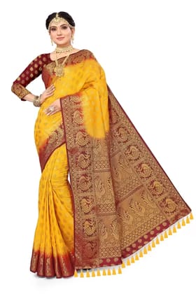 Woven Kanjivaram Cotton Silk Saree  (Maroon, Yellow)