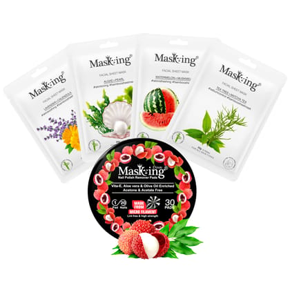 MasKing Bamboo Facial Sheet Mask For Lavender, Algae, Watermelon & Tea Tree Ideal For Women & Men (Combo Pack of 4) | Diva Litchi Nail Polish Remover 30 Round Pads (Pack of 1)