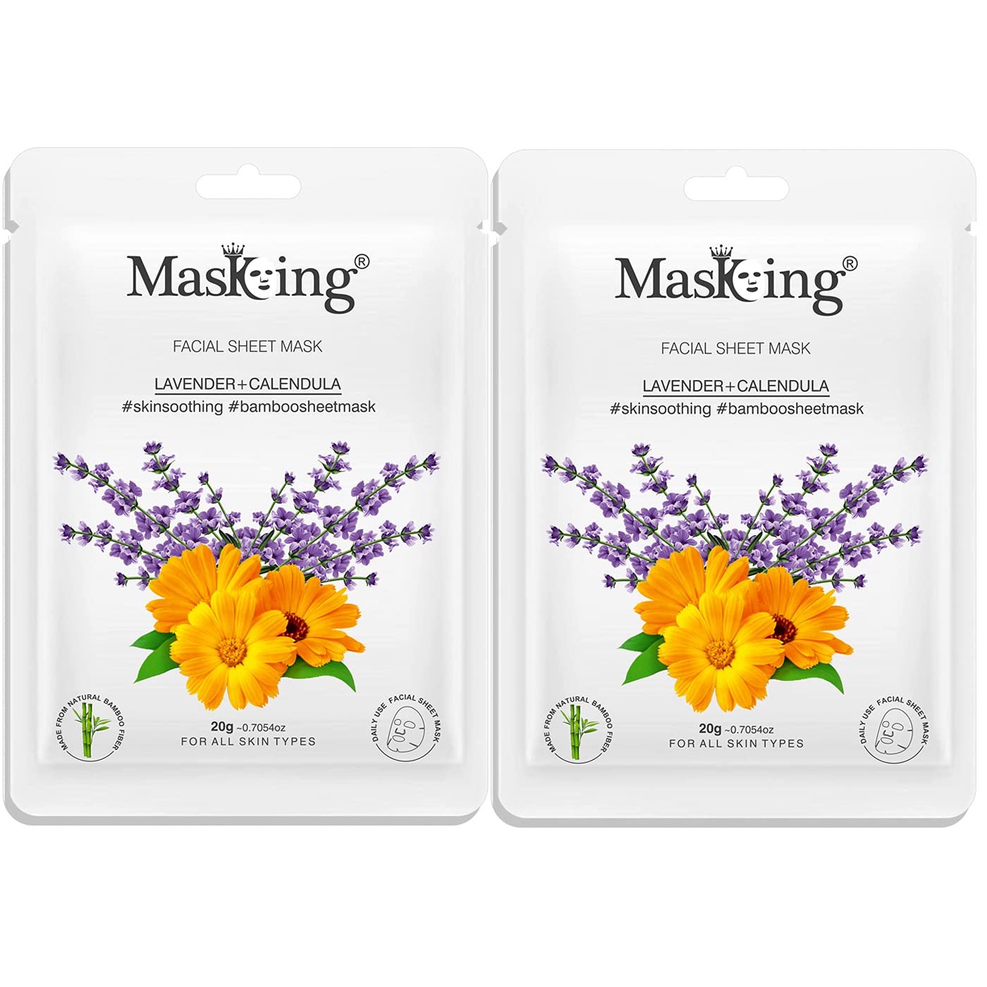 MasKing Bamboo Facial Sheet Mask of Lavender & Calendula for Skin Soothing Ideal for Women & Men, 20ml each (Pack of 2)