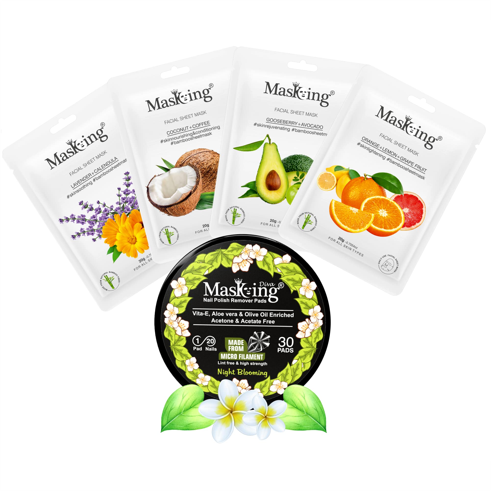 MasKing Bamboo Facial Sheet Mask For Lavender, Coconut, Gooseberry & Orange Ideal For Women & Men (Combo Pack of 4) | Diva Night Blooming Nail Polish Remover 30 Round Pads (Pack of 1)