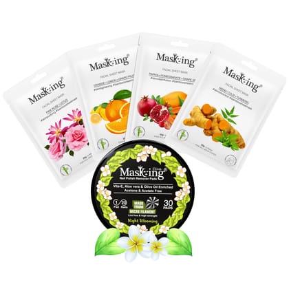 MasKing Bamboo Facial Sheet Mask For Pink Rose, Orange, Papaya & Neem Ideal For Women & Men (Combo Pack of 4) | Diva Night Blooming Nail Polish Remover 30 Round Pads (Pack of 1)