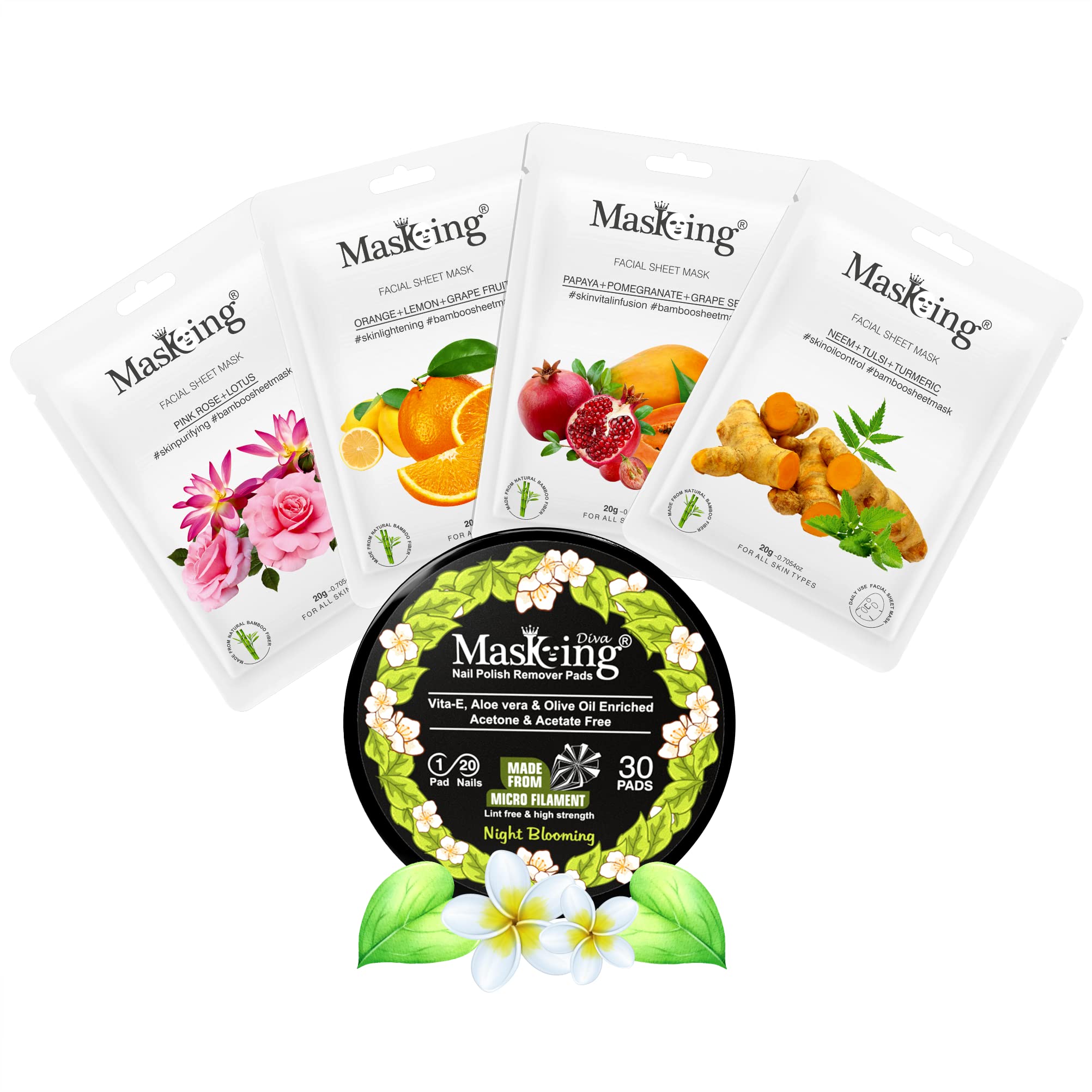 MasKing Bamboo Facial Sheet Mask For Pink Rose, Orange, Papaya & Neem Ideal For Women & Men (Combo Pack of 4) | Diva Night Blooming Nail Polish Remover 30 Round Pads (Pack of 1)