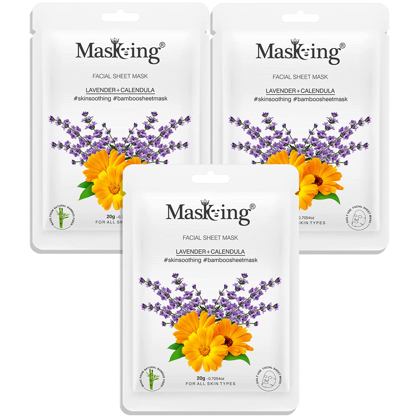 MasKing Bamboo Facial Sheet Mask of Lavender & Calendula for Skin Soothing Ideal for Women & Men, 20ml each (Pack of 3)