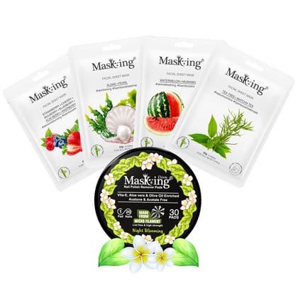 MasKing Bamboo Facial Sheet Mask For Strawberry, Algae, Watermelon & Tea Tree Ideal For Women & Men (Combo Pack of 4) | Diva Night Blooming Nail Polish Remover 30 Round Pads (Pack of 1)