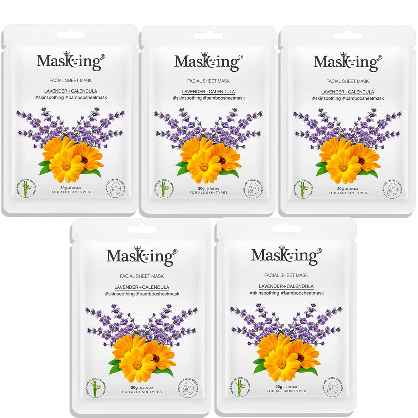 MasKing Bamboo Facial Sheet Mask of Lavender & Calendula for Skin Soothing Ideal for Women & Men, 20ml each (Pack of 5)