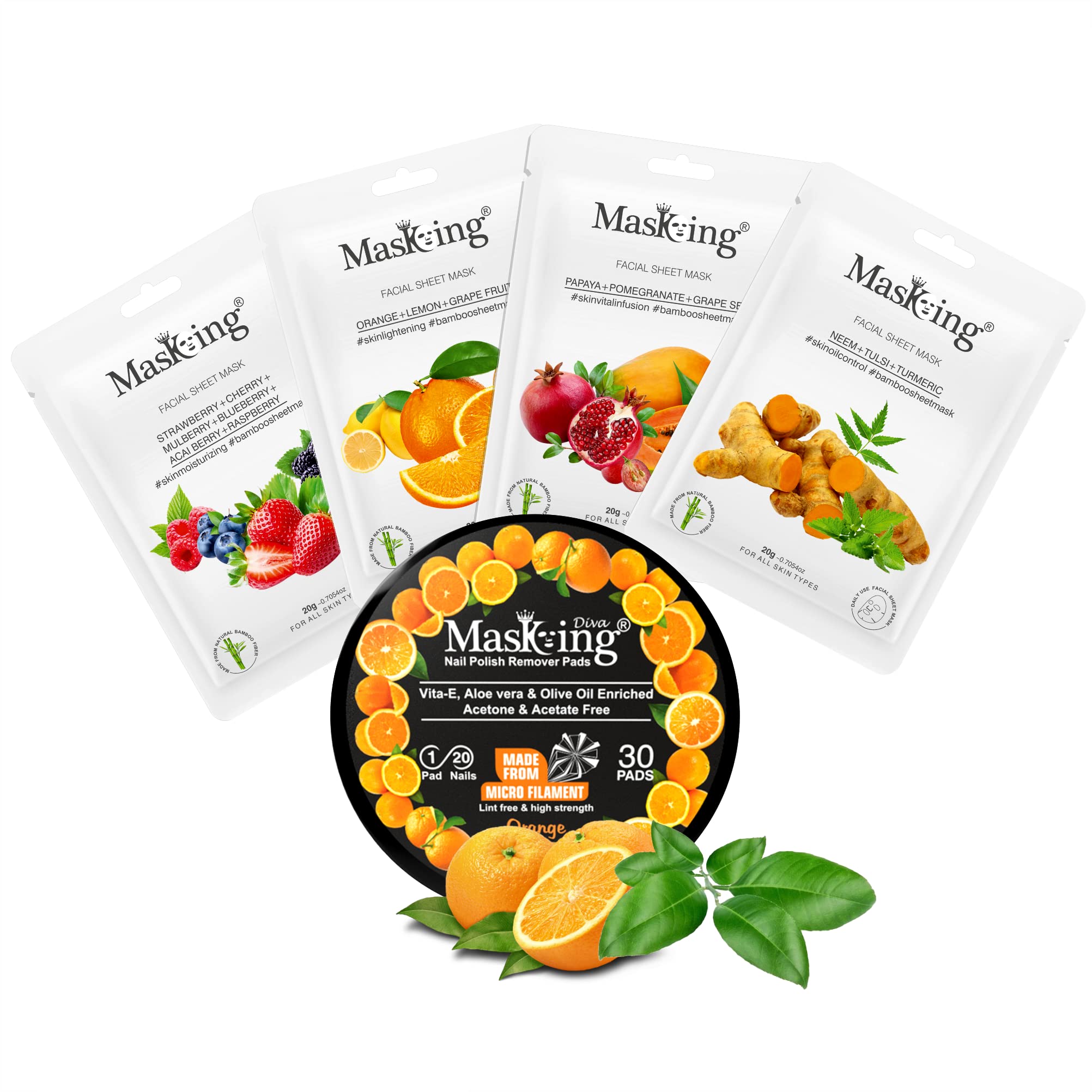 MasKing Bamboo Facial Sheet Mask For Strawberry, Orange, Papaya & Neem Ideal For Women & Men (Combo Pack of 4) | Diva Orange Nail Polish Remover 30 Round Pads (Pack of 1)