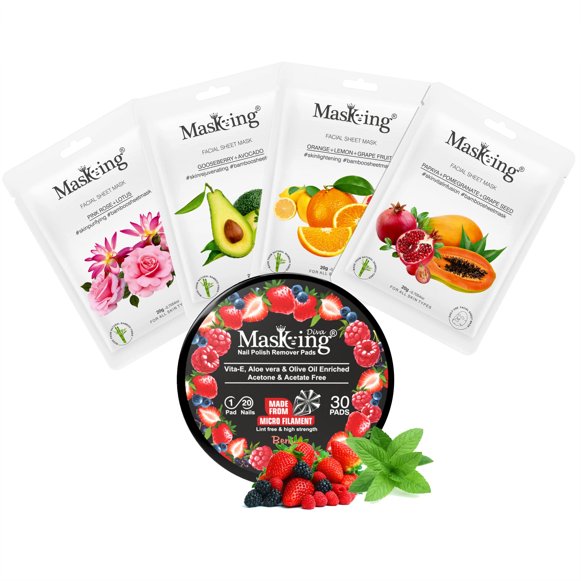 MasKing Bamboo Facial Sheet Mask For Pink Rose, Gooseberry, Orange & Papaya Ideal For Women & Men (Combo Pack of 4) | Diva Berries Nail Polish Remover 30 Round Pads (Pack of 1)