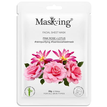 MasKing Bamboo Facial Sheet Mask of Pink Rose & Lotus for Skin Purifying Ideal for Women & Men 20ml, (Pack of 1)