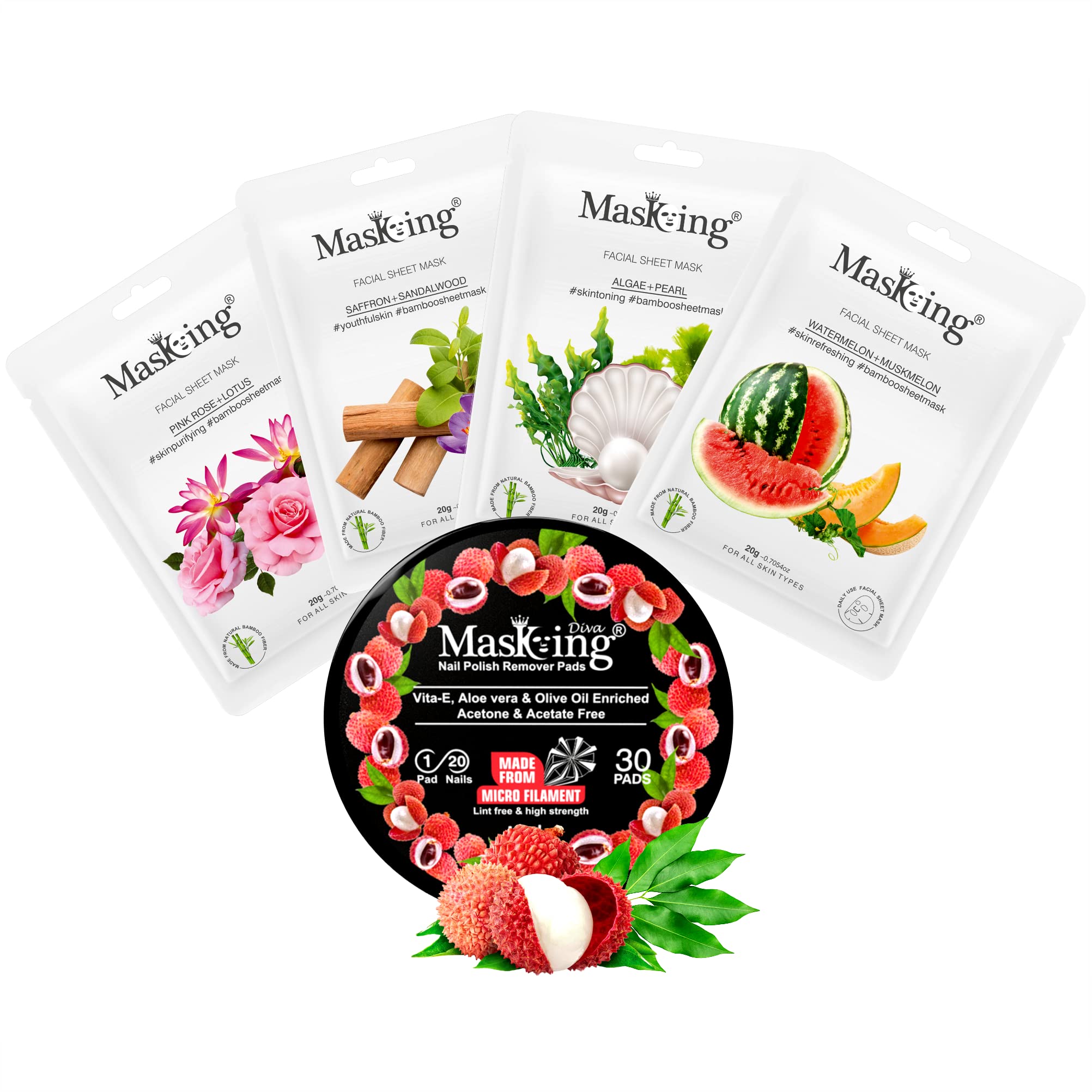 MasKing Bamboo Facial Sheet Mask For Pink Rose, Saffron, Algae & Watermelon Ideal For Women & Men (Combo Pack of 4) | Diva Litchi Nail Polish Remover 30 Round Pads (Pack of 1)