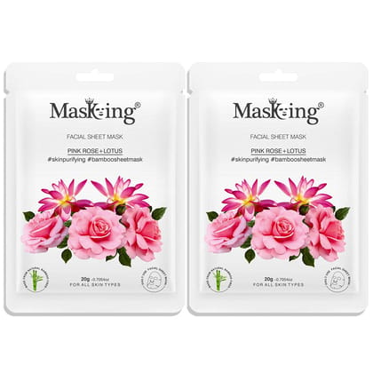 MasKing Bamboo Facial Sheet Mask of Pink Rose & Lotus for Skin Purifying Ideal for Women & Men, 20ml each (Pack of 2)