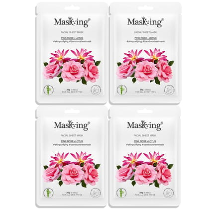 MasKing Bamboo Facial Sheet Mask of Pink Rose & Lotus for Skin Purifying Ideal for Women & Men, 20ml each (Pack of 4)