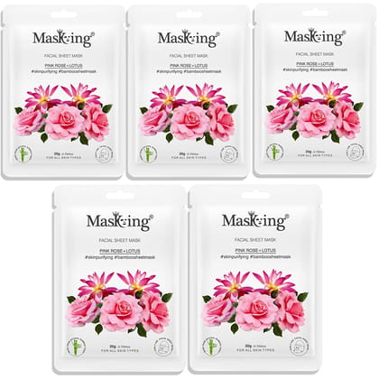 MasKing Bamboo Facial Sheet Mask of Pink Rose & Lotus for Skin Purifying Ideal for Women & Men, 20ml each (Pack of 5)