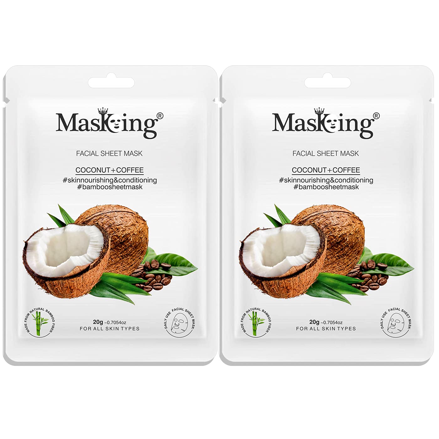 MasKing Bamboo Facial Sheet Mask of Coconut & Coffee for Skin Nourishing & Conditioning Ideal for Women & Men, 20ml each (Pack of 2)