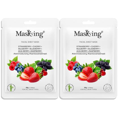 MasKing Bamboo Facial Sheet Mask of Strawberry, Cherry, Mulberry, Blueberry, Acai Berry & Raspberry for Skin Moisturizing Ideal for Women & Men, 20ml each (Pack of 2)