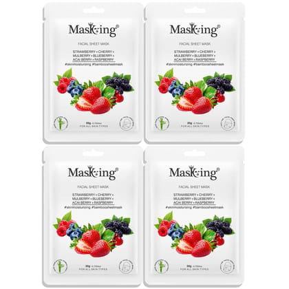 MasKing Bamboo Facial Sheet Mask of Strawberry, Cherry, Mulberry, Blueberry, Acai Berry & Raspberry for Skin Moisturizing Ideal for Women & Men, 20ml each (Pack of 4)