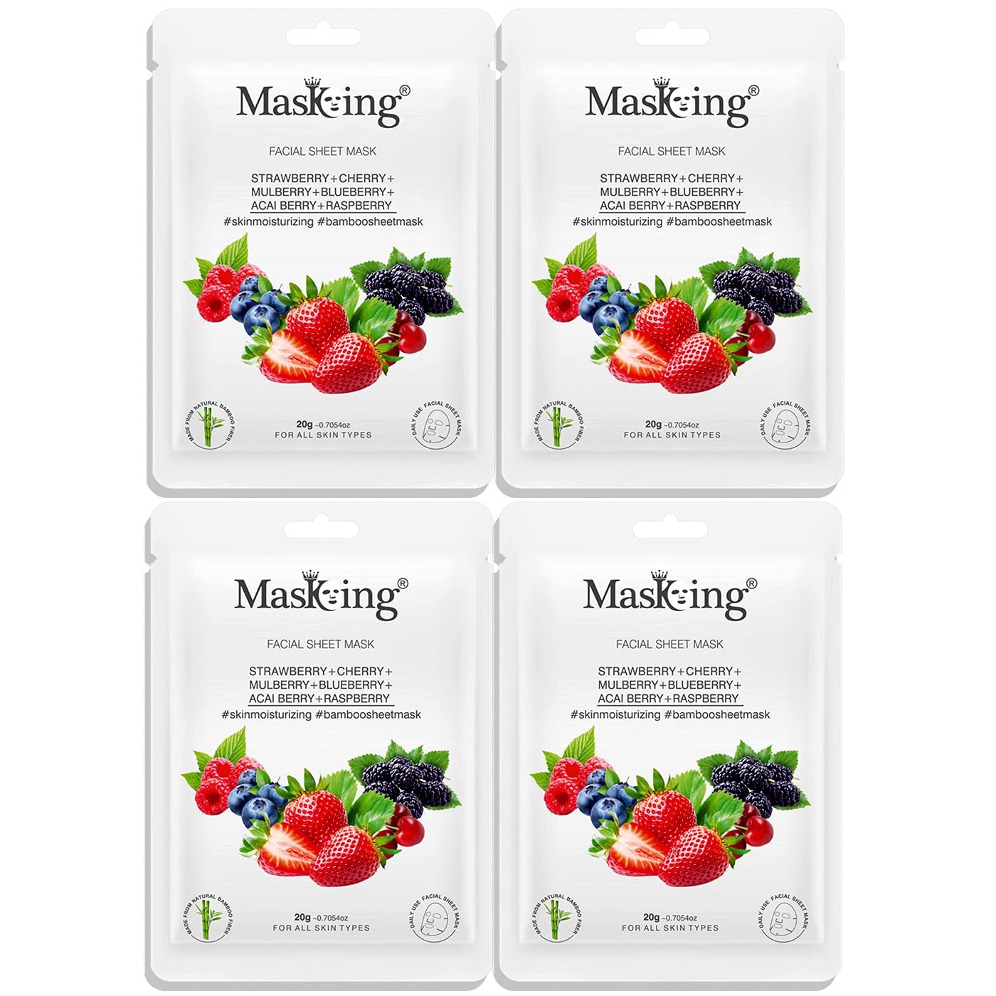 MasKing Bamboo Facial Sheet Mask of Strawberry, Cherry, Mulberry, Blueberry, Acai Berry & Raspberry for Skin Moisturizing Ideal for Women & Men, 20ml each (Pack of 4)