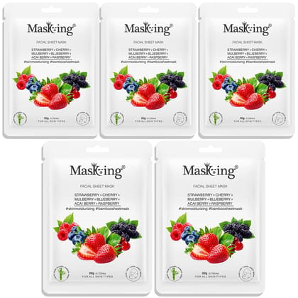 MasKing Bamboo Facial Sheet Mask of Strawberry, Cherry, Mulberry, Blueberry, Acai Berry & Raspberry for Skin Moisturizing Ideal for Women & Men, 20ml each (Pack of 5)