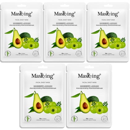 MasKing Bamboo Facial Sheet Mask of Gooseberry & Avocado for Skin Rejuvenating Ideal for Women & Men, 20ml each (Pack of 5)