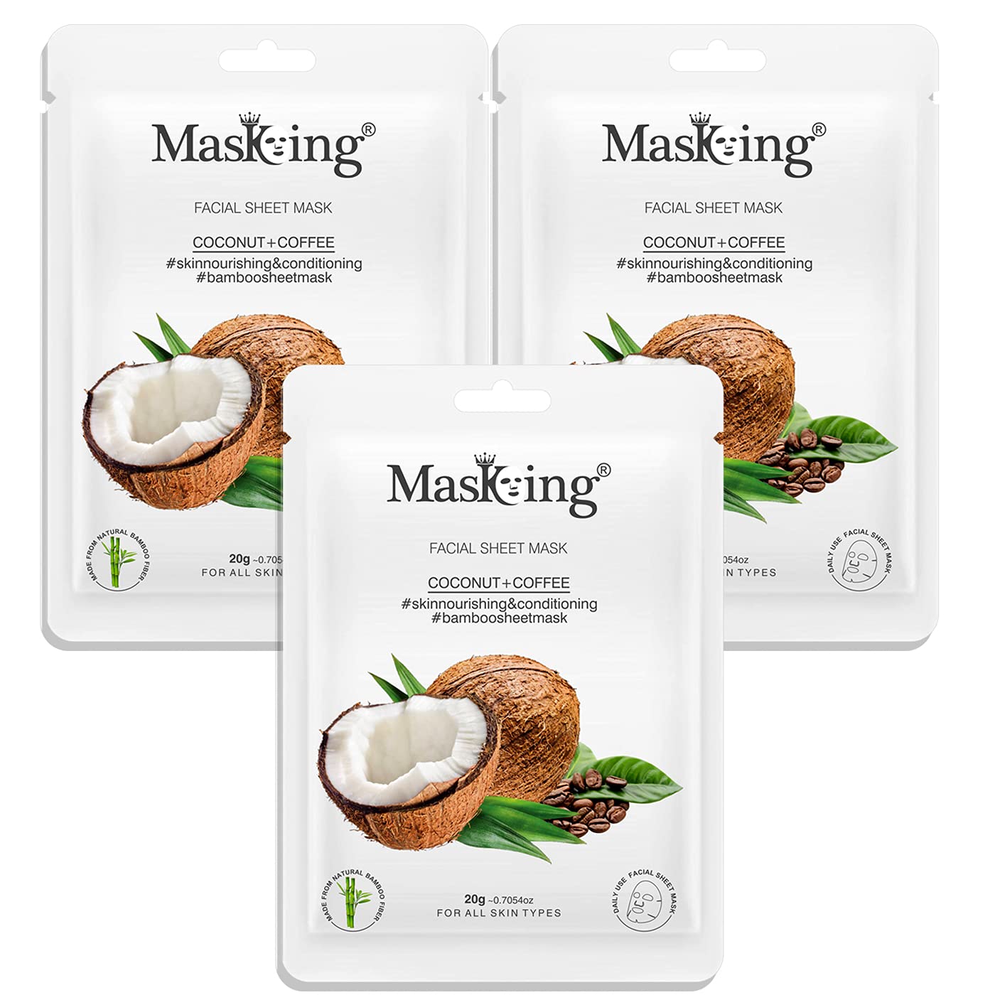 MasKing Bamboo Facial Sheet Mask of Coconut & Coffee for Skin Nourishing & Conditioning Ideal for Women & Men, 20ml each (Pack of 3)