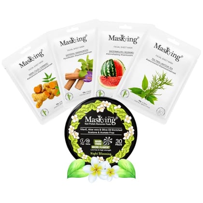 MasKing Bamboo Facial Sheet Mask For Neem, Saffron, Watermelon & Tea Tree Ideal For Women & Men (Combo Pack of 4) | Diva Night Blooming Nail Polish Remover 30 Round Pads (Pack of 1)