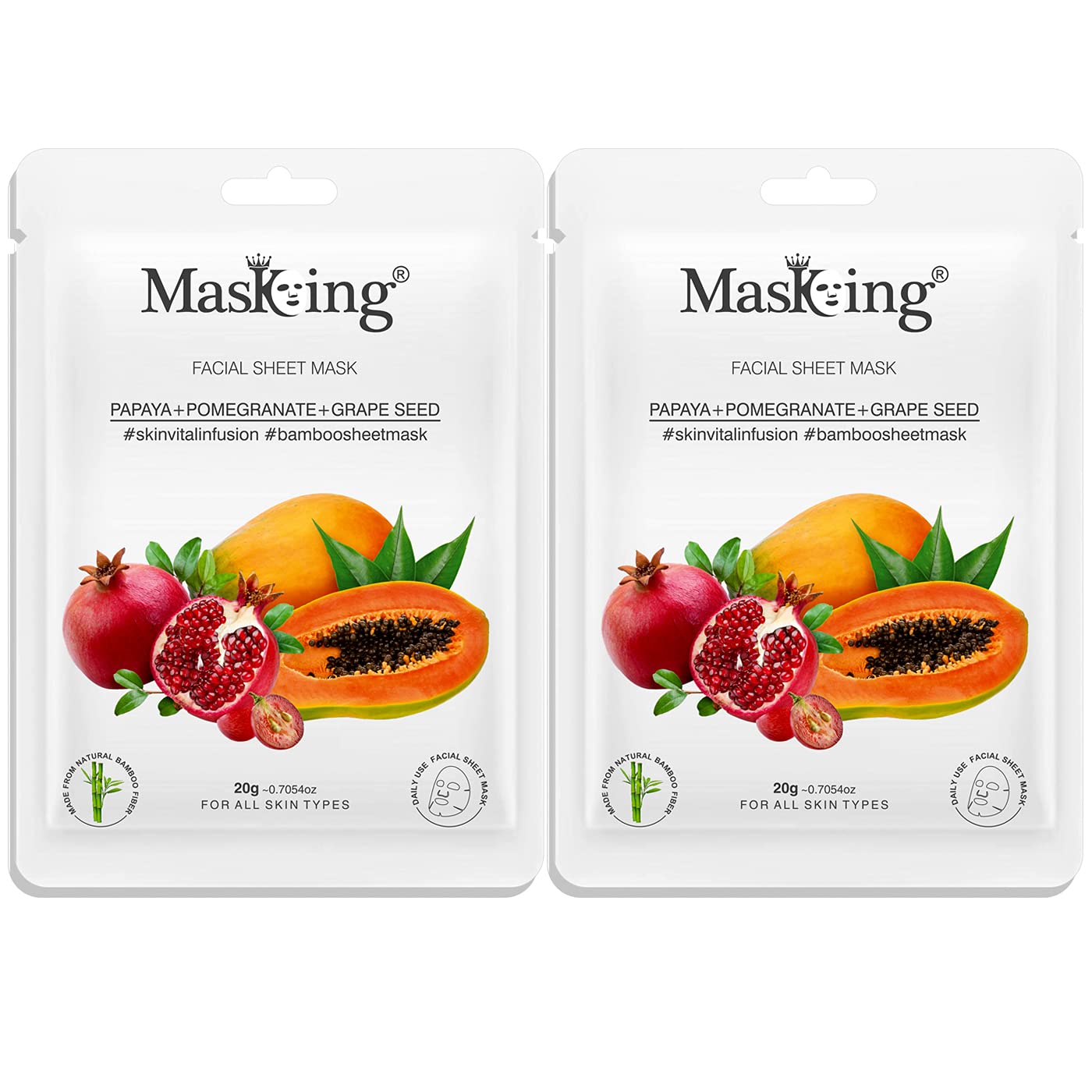 MasKing Bamboo Facial Sheet Mask of Papaya, Pomegranate & Grape Seed for Skin Vital Infusion Ideal for Women & Men, 20ml each (Pack of 2)