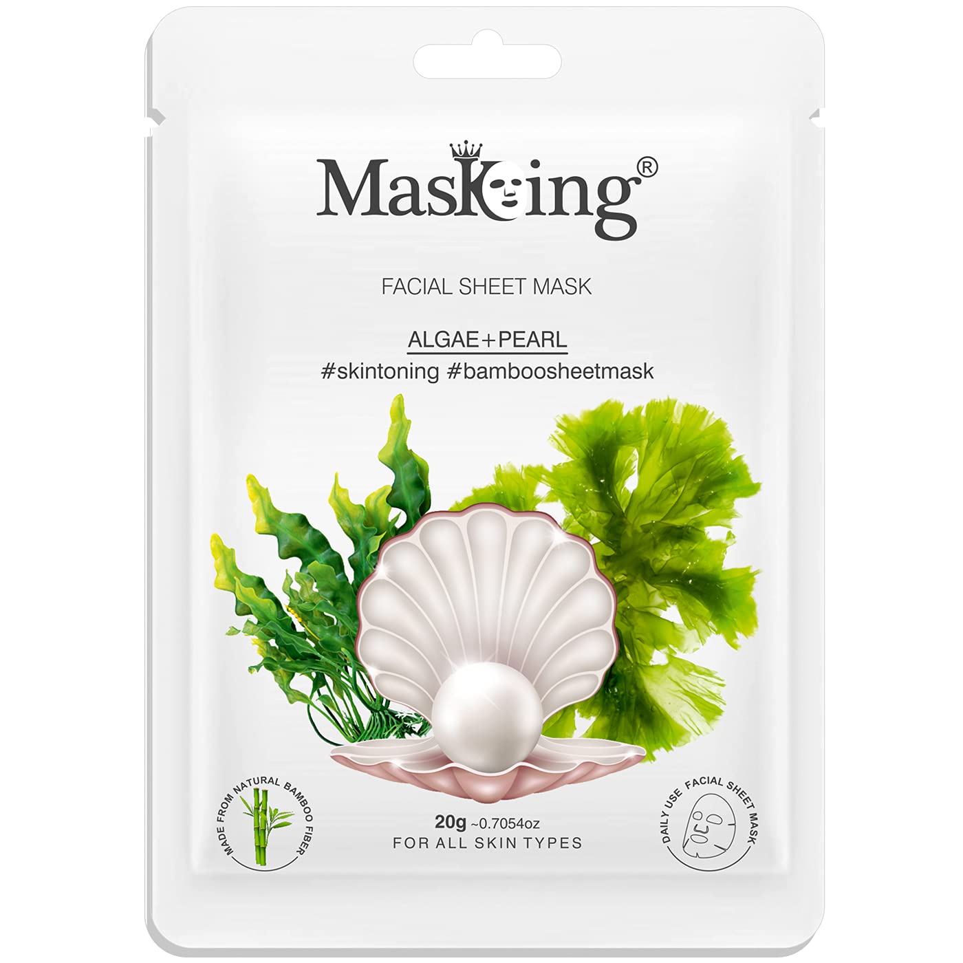 MasKing Bamboo Facial Sheet Mask of Algae & Pearl for Skin Toning Ideal for Women & Men 20ml, (Pack of 1)