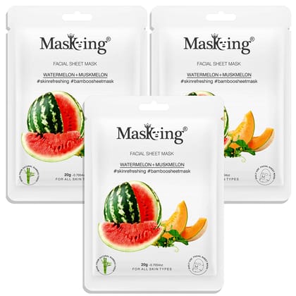 MasKing Bamboo Facial Sheet Mask of Watermelon & Muskmelon for Skin Refreshing Ideal for Women & Men, 20ml each (Pack of 3)