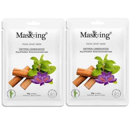 MasKing Bamboo Facial Sheet Mask of Saffron & Sandalwood for Youthful Skin Ideal for Women & Men, 20ml each (Pack of 2)