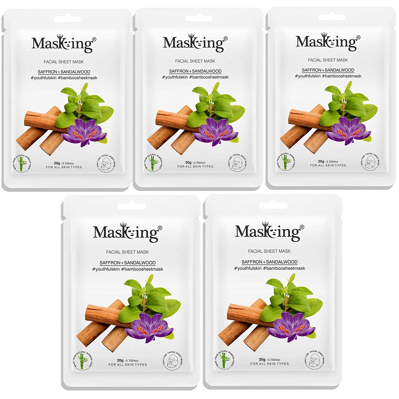 MasKing Bamboo Facial Sheet Mask of Saffron & Sandalwood for Youthful Skin Ideal for Women & Men, 20ml each (Pack of 5)