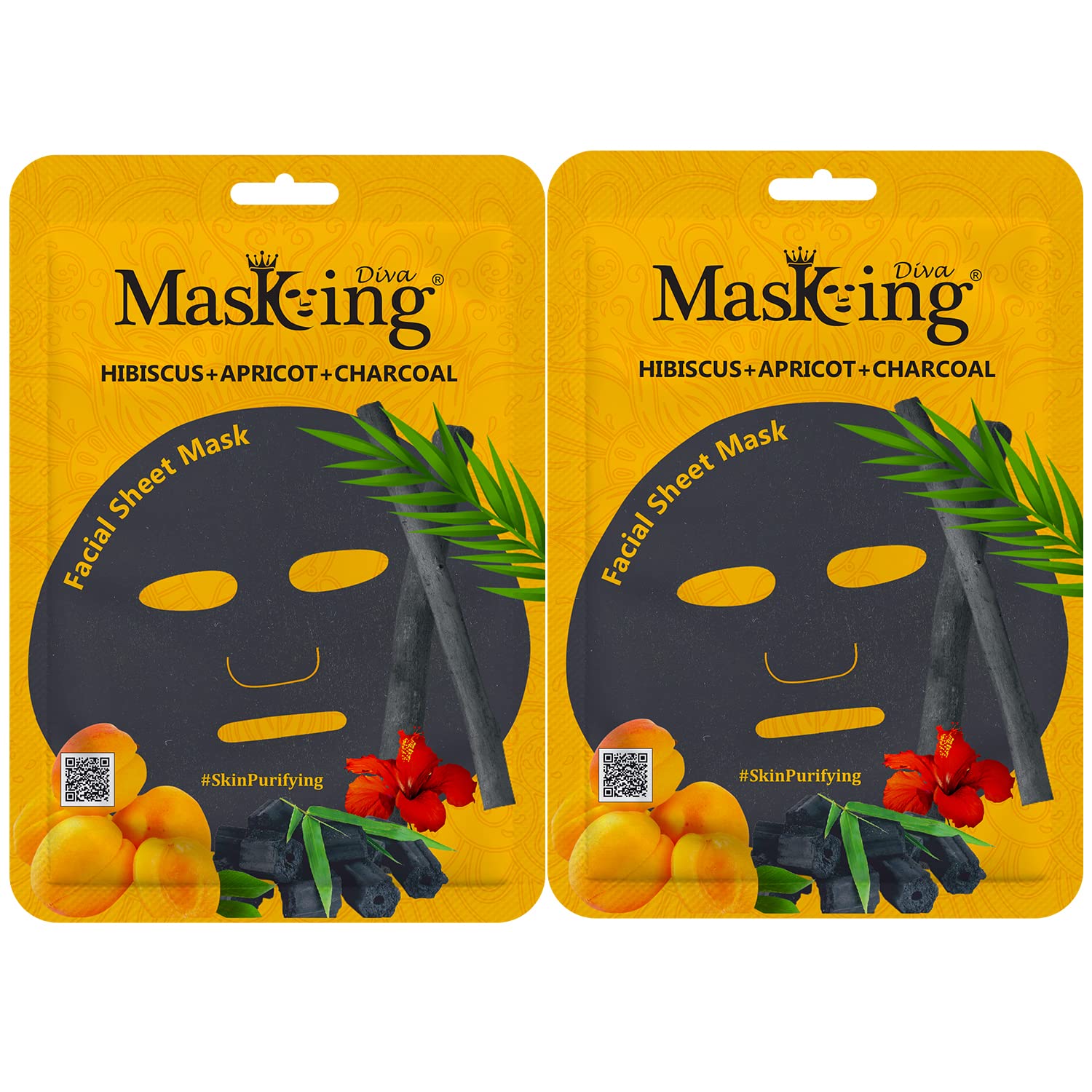 Masking Charcoal Bamboo Facial Sheet Mask Skin Detox and Cleansing Hibiscus Apricot & Charcoal Sheet Mask for Women Men 25ml Each Pack of 02