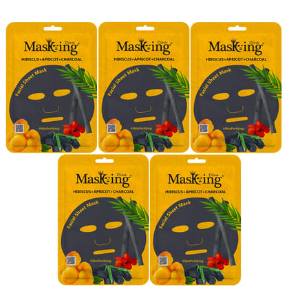 Masking Diva Charcoal Hibiscus, apricot, Facial sheet Mask (25ml) Natural Serum Skin Detox Cleansing Anti-Ageing (Pack of 05) Bamboo mask Sheet Mask