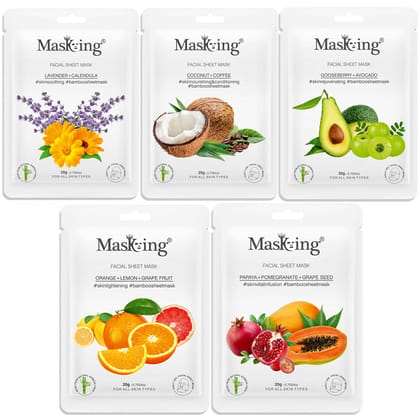 MasKing Bamboo Facial Sheet Mask of Lavender, Coffee, Gooseberry, Orange & Papaya Ideal for Women & Men, 100ml (Combo Pack of 5)