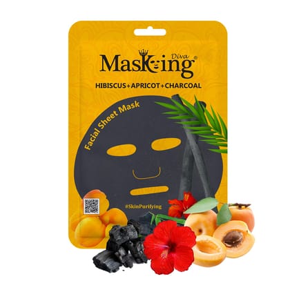 Masking Diva Charcoal Face Sheet Mask Natural Serum Facial Sheet Mask Hibiscus, Apricot & Charcoal for Skin Detox, Cleansing Anti-Ageing (Pack Of 01) Bamboo Charcoal Mask Sheet