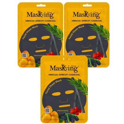 Masking Charcoal Bamboo Facial Sheet Mask Skin Detox and Cleansing Hibiscus, Apricot & Charcoal Sheet Mask for Women Men 25ml Each Pack of 03